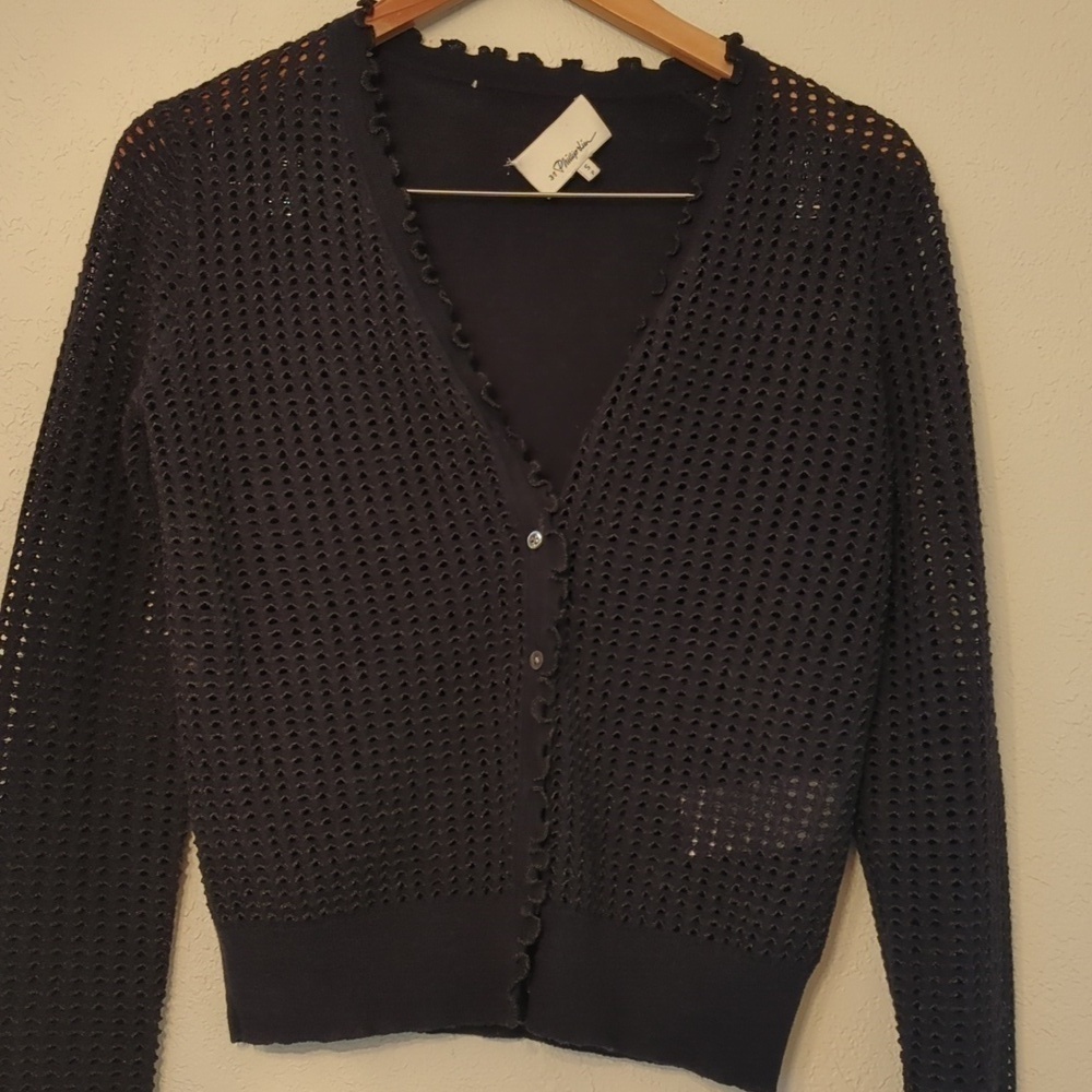 3.1 Phillip Lim wool button down navy cardigan with subtle shimmer